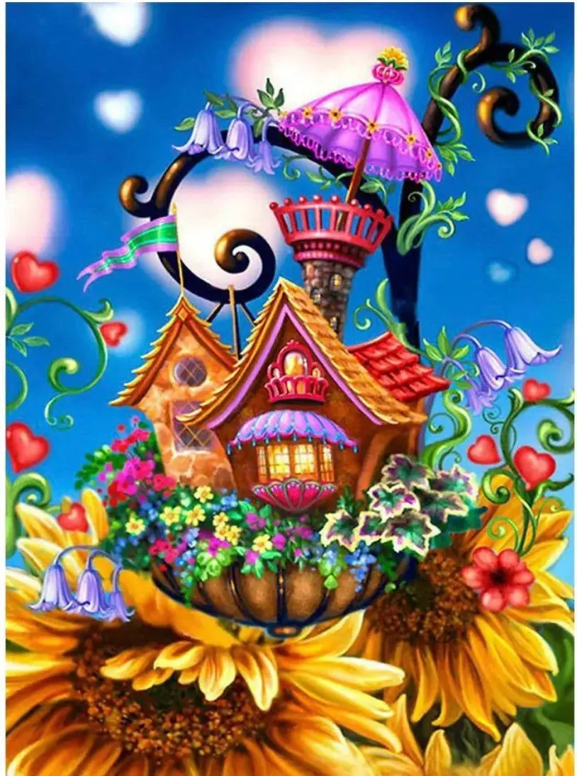 Diamond painting sunflowers house