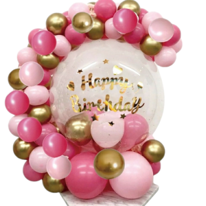 Composizione Palloncini Rosa/Fuxia/Oro + Happy Birthday