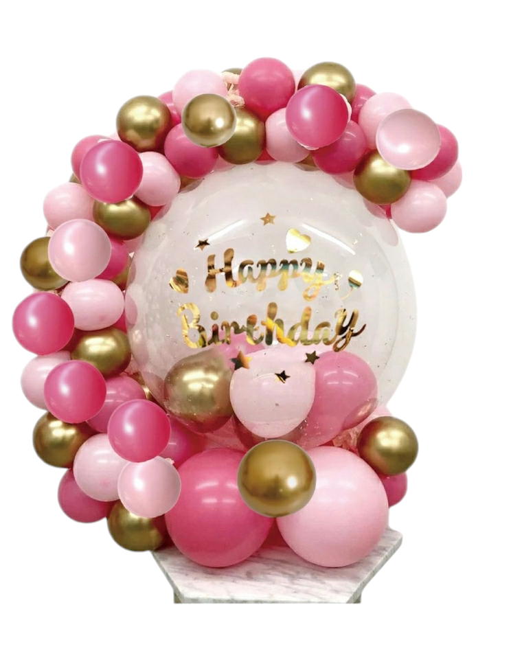 Composizione Palloncini Rosa/Fuxia/Oro + Happy Birthday - immagine 2